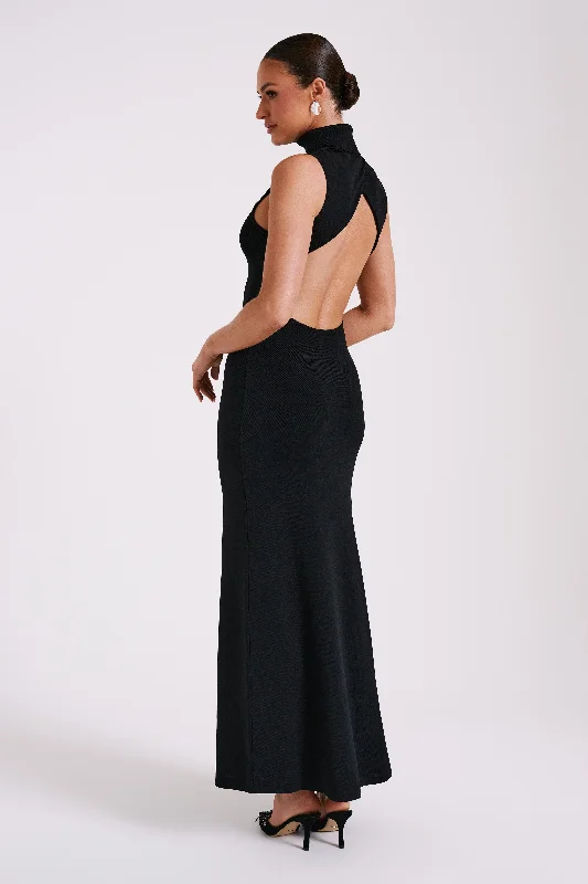 Louisa High Neck Knit Maxi Dress - Black