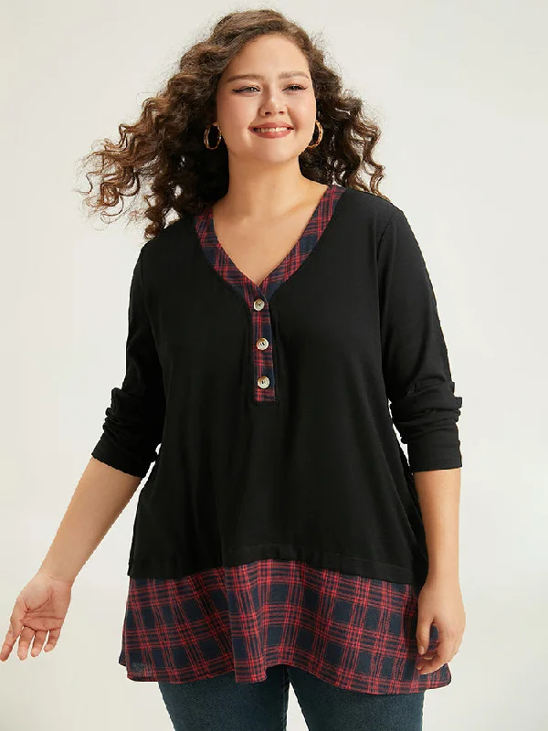 Plaid Patchwork Button Through T-shirt