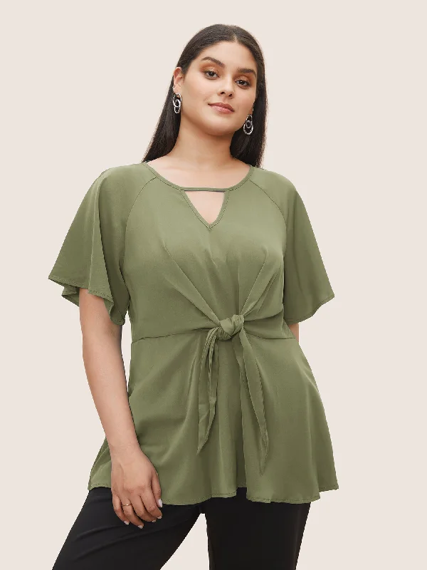 Plain Keyhole Knotted Front Ruffle Sleeve Blouse