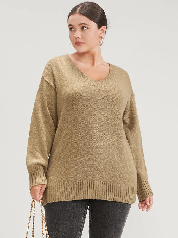 Plain Pointelle Knit V Neck Knit Top