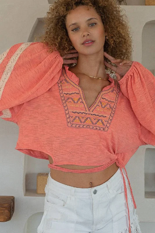 POL Coral Tie-Up Embroidered Crop Top