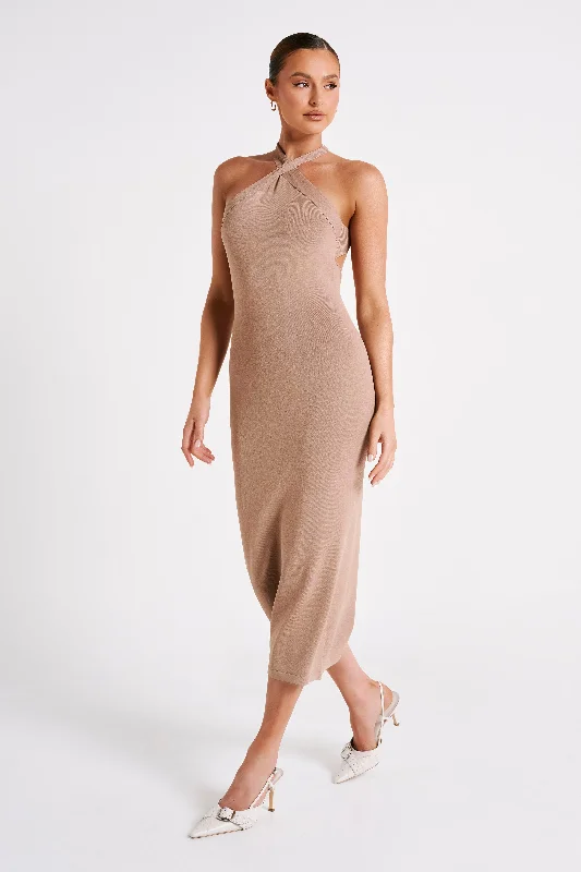 Sarai Halter Neck Knit Midi Dress - Wheat