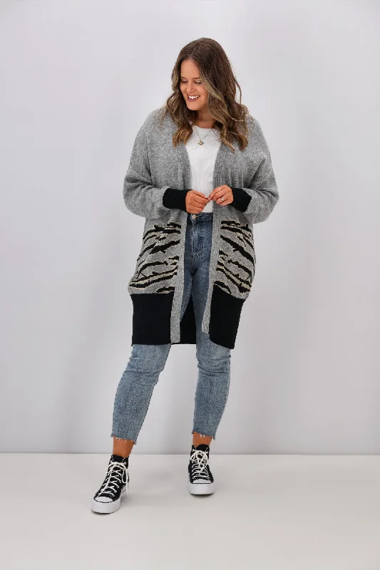 Shine On Label Mathias Animal Print Cardigan Grey Marl, Oat and Black