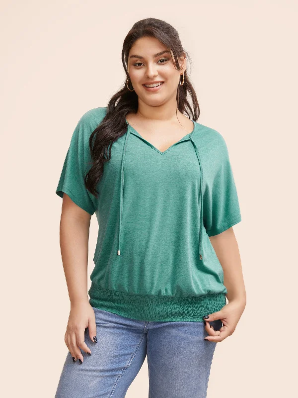 Solid Shirred Tie Knot Dolman Sleeve T-shirt