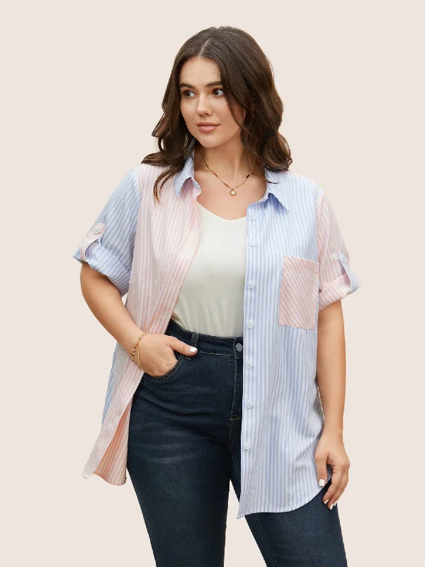 Striped Contrast Patched Pocket Tab Sleeve Blouse