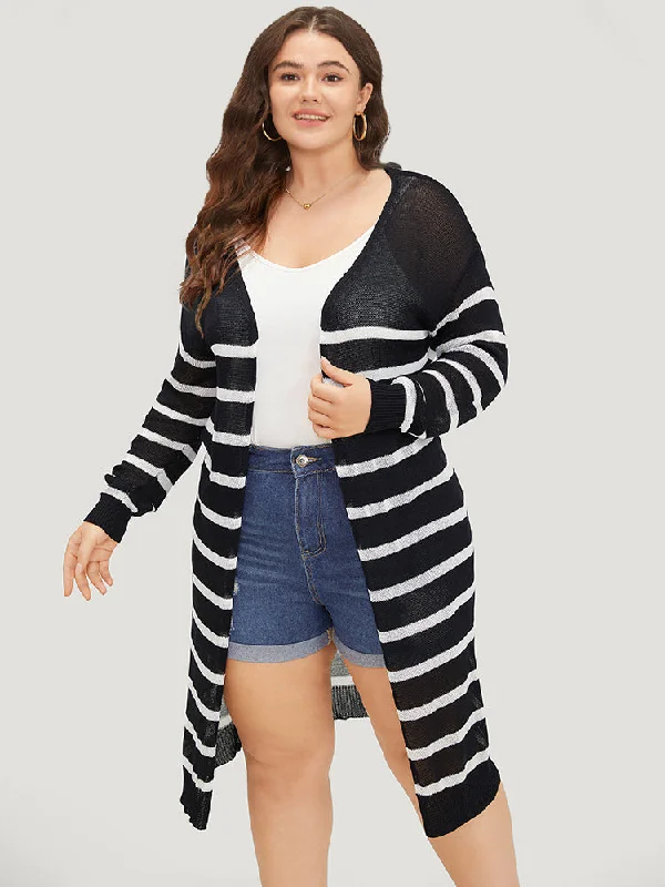 Striped Open Front Elastic Cuffs Drop Shoulder Cardigan